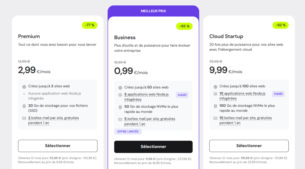 les tarifs d'hébergement de hostinger